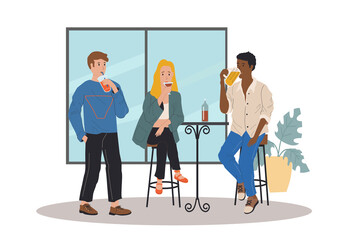 People drink in bar. Cartoon characters with beer or wine bottles. Coffee cup and cocktail glass. Men and woman sitting on stools. Alcohol beverages. Vector persons relax with booze