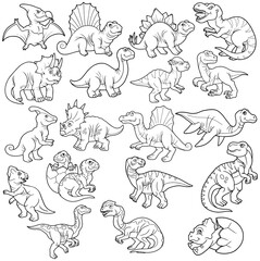 set of cartoon prehistoric dinosaurs, coloring book for children, outline illustration