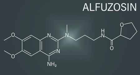 Skeletal formula of Alfuzosin benign prostate hyperplasia or BPH drug molecule.