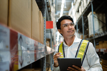 Portrait of Asian Chief Engineer checking product details and supplies on shelf with stock in warehouse background. Logistics warehousing and export concept of logistics business