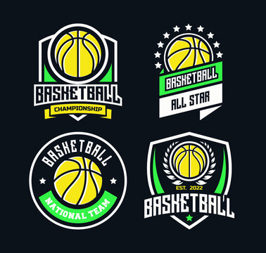 Modern professional vector logo set for a basketball team. Basketball logo set with shield. Basketball logo collection