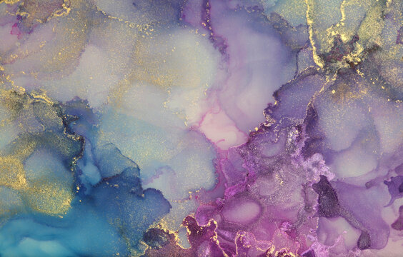 Abstract blue, violet and gold glitter color smoke painting horizontal background. Marble texture. Alcohol ink.