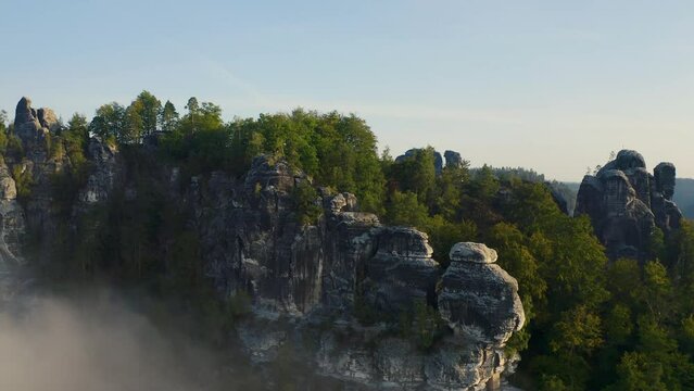 SAXON SWITZERLAND, S&auml;chsische Schweiz, GERMANY. Aerial View by day. Beautiful tourist destination and attraction from above. 4K drone.  (Fall 2021, Original 4K)