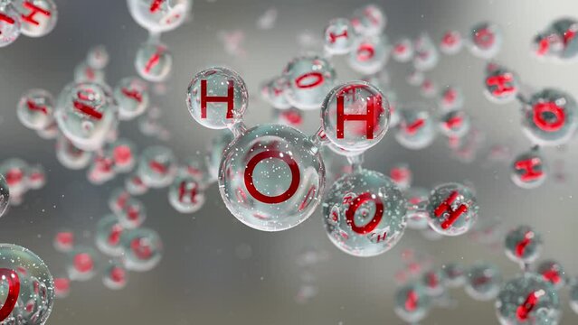 Water molecules, Molecular chemical formula H2O,  odorless, Ball and Stick chemical structure model, Macro Liquid Bubbles, particles inside droplet, 3d render