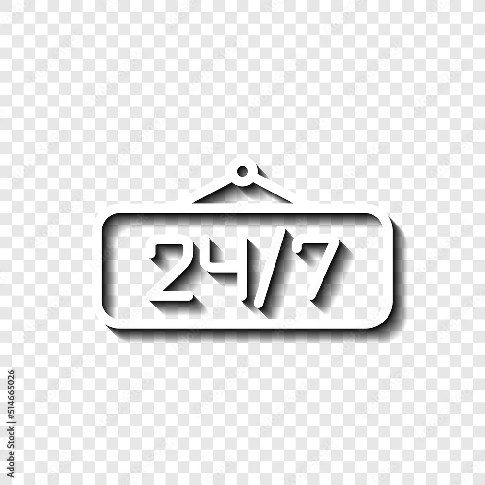 Poster 24h hours a day and 7 days a week icon, vector. flat design. white with shadow on transparent grid.a