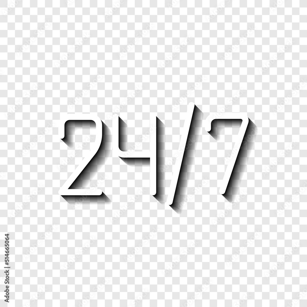 Poster 24h hours a day and 7 days a week simple icon, vector. flat design. white with shadow on transparent