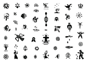 magic fairytale character shaman, sign and symbols - icon set, graphic silhouettes collection