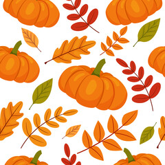 Cartoon seamless pattern with orange pumpkins and falling leaves. Vector illustration for fall design, thanksgiving day.