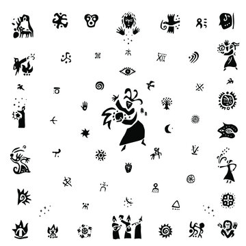 magic fairytale character shaman, sign and symbols - icon set, graphic silhouettes collection