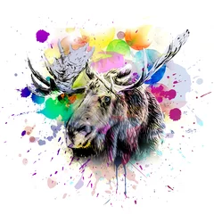 Poster elk head with moon and creative abstract elements on dark background, Chinese lunar calendar concept © reznik_val