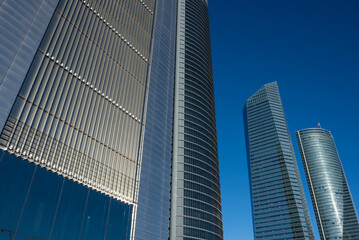 Low angle view of financial buildings, Madrid, Spain, Europe