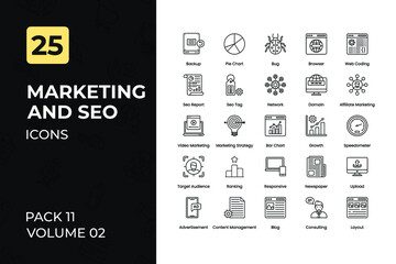 Marketing Icons Collection. Set contains such Icons as Pie Chart, Seo Report, Affiliate Marketing, Marketing Strategy, and more.