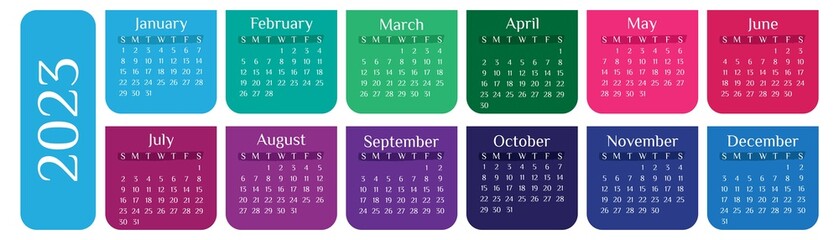Vector illustration. Colorful calendar 2023 template. Week Starts on Sunday. Printable template