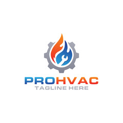 HVAC logo with settings or gear icon. appliances hvac icon or symbol. Air conditioning logo. Central heating design. Snowflake, fire, water symbol, and wrench icon