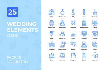Fototapeta na wymiar Wedding elements Icons Collection. Set contains such Icons as Wedding, Wedding Ring, Bride, Wedding Dress, and more.