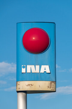 Sisak, Croatia - June 2, 2022: Logo Of INA On Gas Station. INA-Industrija Nafte, D.d. Is A Croatian Multinational Oil Company.