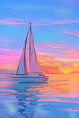 Fototapeta na wymiar sail boat at sunset abstract digital art