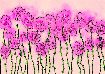 Pink flowers watercolor painting with wet paint and textured paper