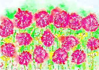 pink abstract field of flowers illustration, impressionist floral image