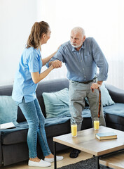 nurse doctor senior care caregiver help assistence walking cane stick retirement home nursing elderly man