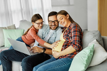 child family happy pregnant mother woman daughter pregnancy belly father parent girl maternity...