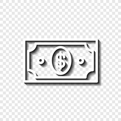 Dollar simple icon, vector. Flat design. White with shadow on transparent grid.ai