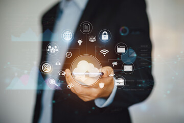 Cloud computing technology and online data storage for business network concept. Computer connects to internet server service for cloud data transfer presented in 3D futuristic graphic interface.