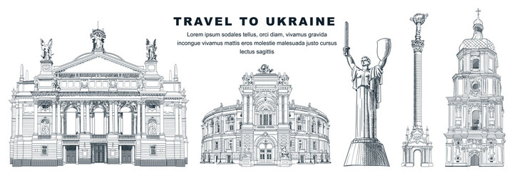 Travel to Ukraine hand drawn landmarks design elements. Vector sketch illustration. Famous symbols on white background - obrazy, fototapety, plakaty