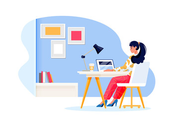 Woman works in office or in home. Vector flat cartoon illustration. Online education or remote work concept