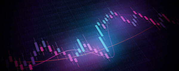 widescreen Financial graph with abstract trend line chart in stock market on neon color background
