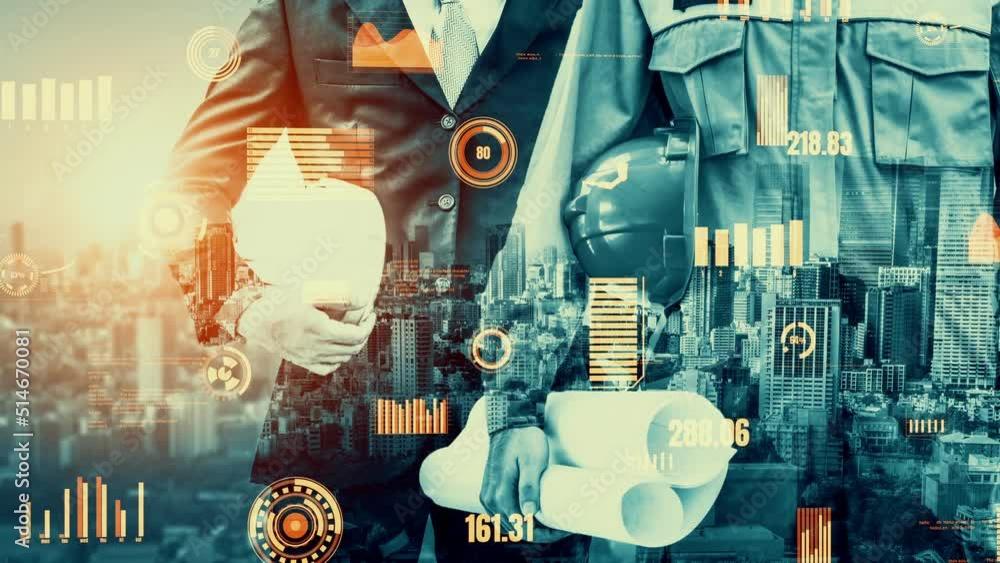 Poster future building construction and inventive engineering project concept with hud hologram graphic des