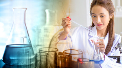 Attractive scientist woman testing chemical sample in flask at laboratory with lab glassware background. Science or chemistry research and development concept.