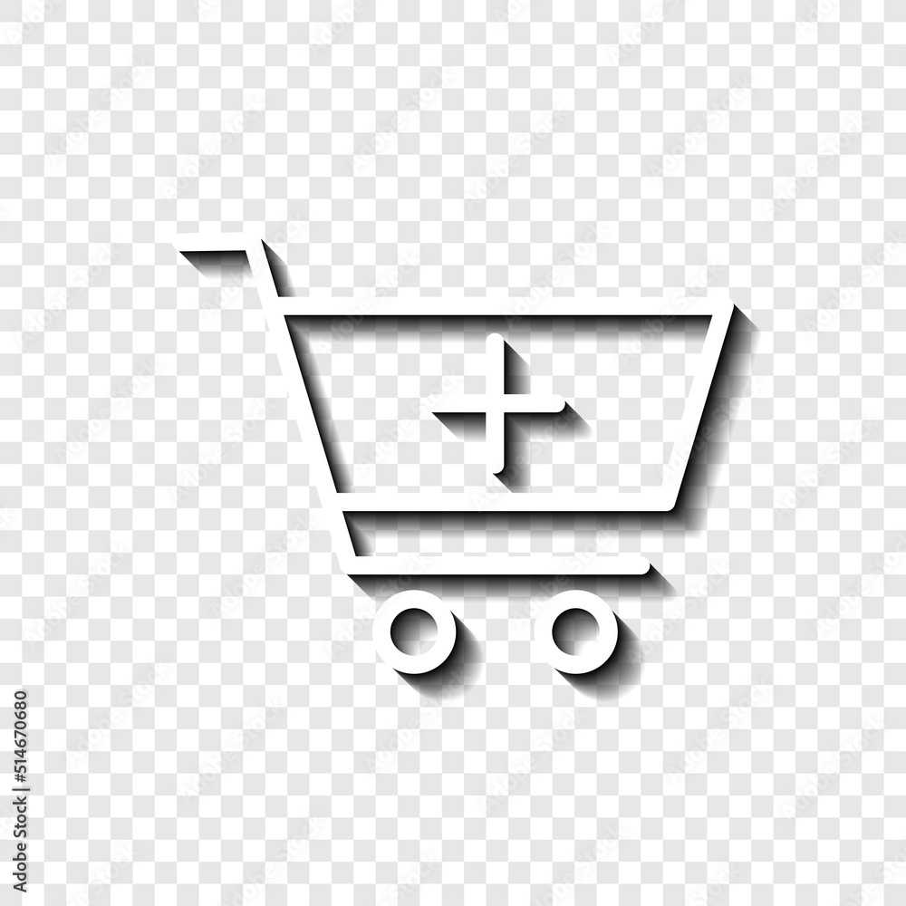 Poster shopping cart, add simple icon vector. flat design. white with shadow on transparent grid.ai