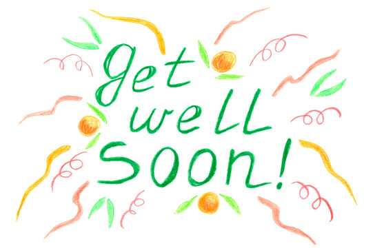 Illustration of  get well soon phrase with decorative elements isolated on white background