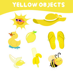 Yellow objects worksheet for children. Education about color. Vector illustration file.