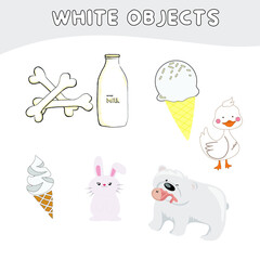 White objects worksheet for children. Education about color. Vector illustration file.