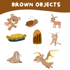 Brown objects worksheet for children. Education about color. Vector illustration file.