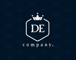 Letter D or E royal crown logo design template elements. Elegant crest logo icon vector design. Creative badge design with king crown and shield for corporate and business. Queen symbol.