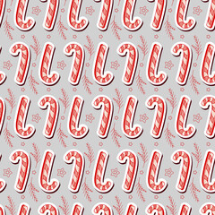 Seamless christmas vector pattern with candy canes, branches and stars on gray background. Vector holiday background. New Year mood. Design for winter holidays greeting season wrapping papers, textil.