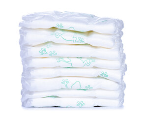 Stack baby diapers on white background isolation