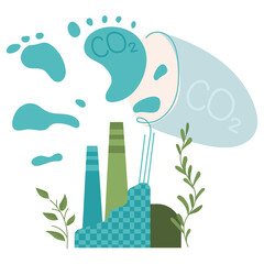 Concept with factory produces CO2 and scoop-net catch carbon footprint. Sources polluted the world. Global problem with big emissions co2. Vector illustration green politics, BIG massage for carbon