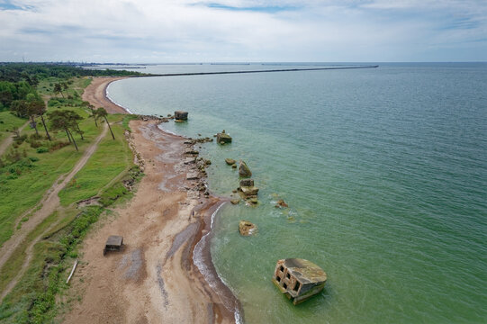 Aerial view sea with military old Ruins