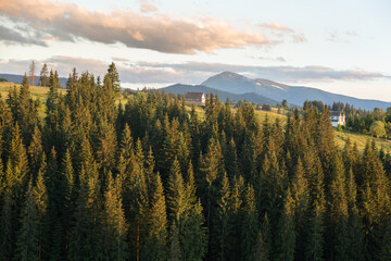 Pink and orange sunset in the mountains. Mount Petros on the horizon, Carpathians