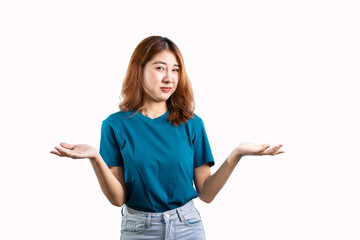 Portrait of an Asian woman smiling and extending her hand to present something with hands gesturing, isolated copy space on white background.