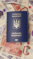 passport of ukraine on the background of english pounds, war in ukraine migration to england.