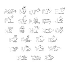 Animals alphabet in line style. Cute ABC for kids education.