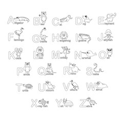 Animals alphabet in line style.  Cute ABC for kids education.