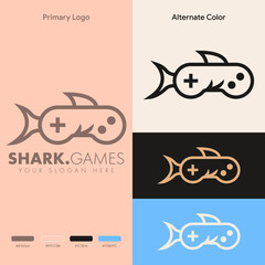 simple minimalist shark joystick gamepad gaming logo design © Astatine