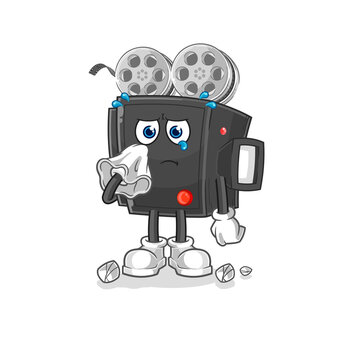 film camera cry with a tissue. cartoon mascot vector