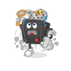 film camera catch butterfly illustration. character vector